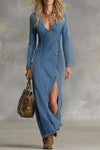 Harlow | V-neck Single-breasted Side-slit Denim Long-sleeved Maxi Dress