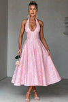 Genevieve | V-Neck Halterneck Sleeveless Jacquard Maxi Dress