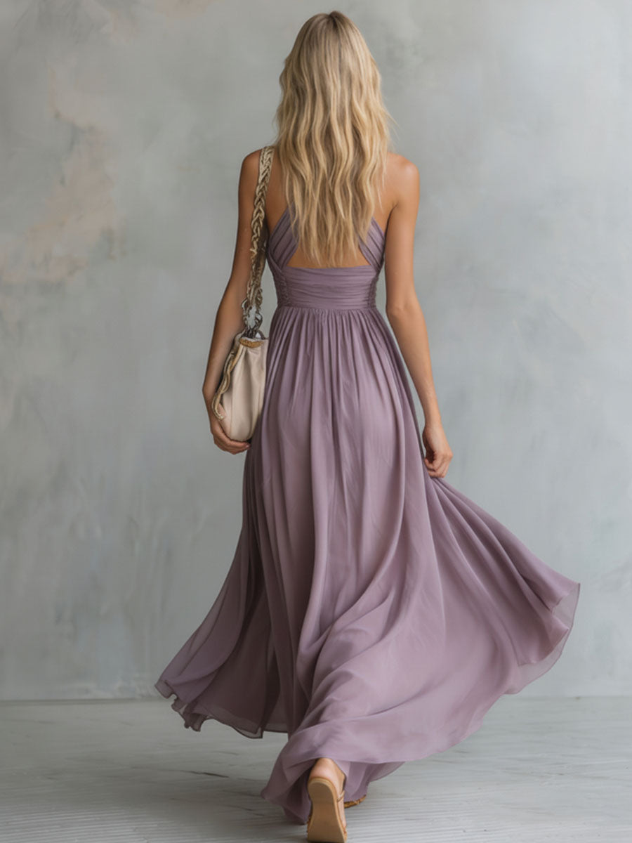 Evelina | Elegant And Stylish Halter Neck V-neck Sleeveless Chiffon Maxi Dress
