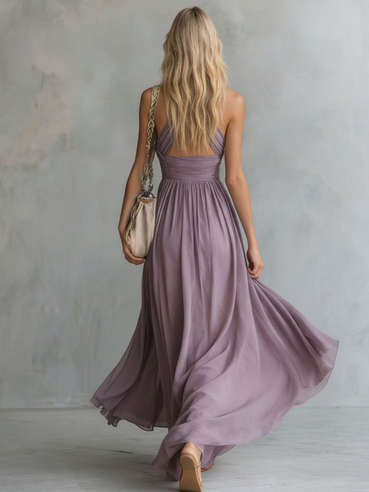 Evelina | Elegant And Stylish Halter Neck V-neck Sleeveless Chiffon Maxi Dress