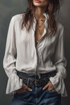 White Zip-Front Blouse With Flounce Cuffs
