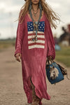 Daisy | Vintage Casual Western Long Sleeve Flag Print Pink Cotton Loose Maxi Dress