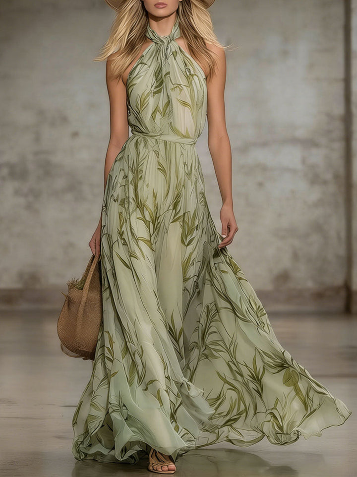 Noelle | Elegant Leaf Print Halter Neck Chiffon Sleeveless Maxi Dress