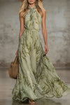 Noelle | Elegant Leaf Print Halter Neck Chiffon Sleeveless Maxi Dress