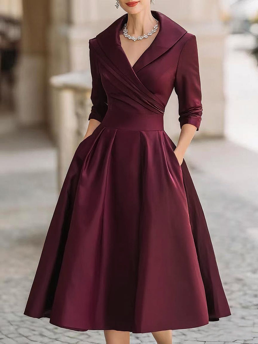 Beatrice | Women´s Retro Satin Midi Dress Featuring a Draped Collar