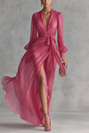 Rhonda | Pearl Chiffon V Neck Tie Waist Long Dress