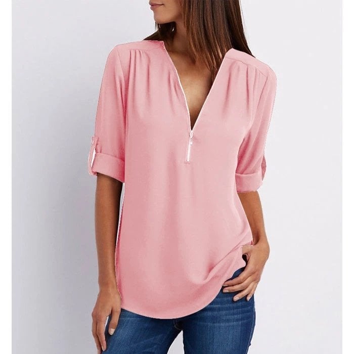 Rosalie | Zip-Up V-Neck Half Sleeve Blouse