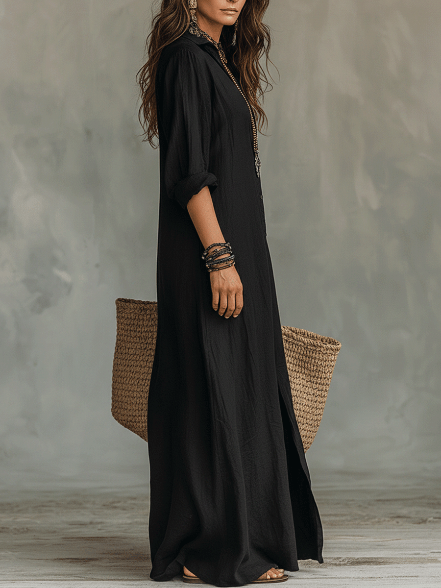 Mary | Bohemian Maxi Dress with Black Button-Front Detail