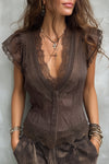 Vintage Tencel V-neck Blouse With Lace Trim