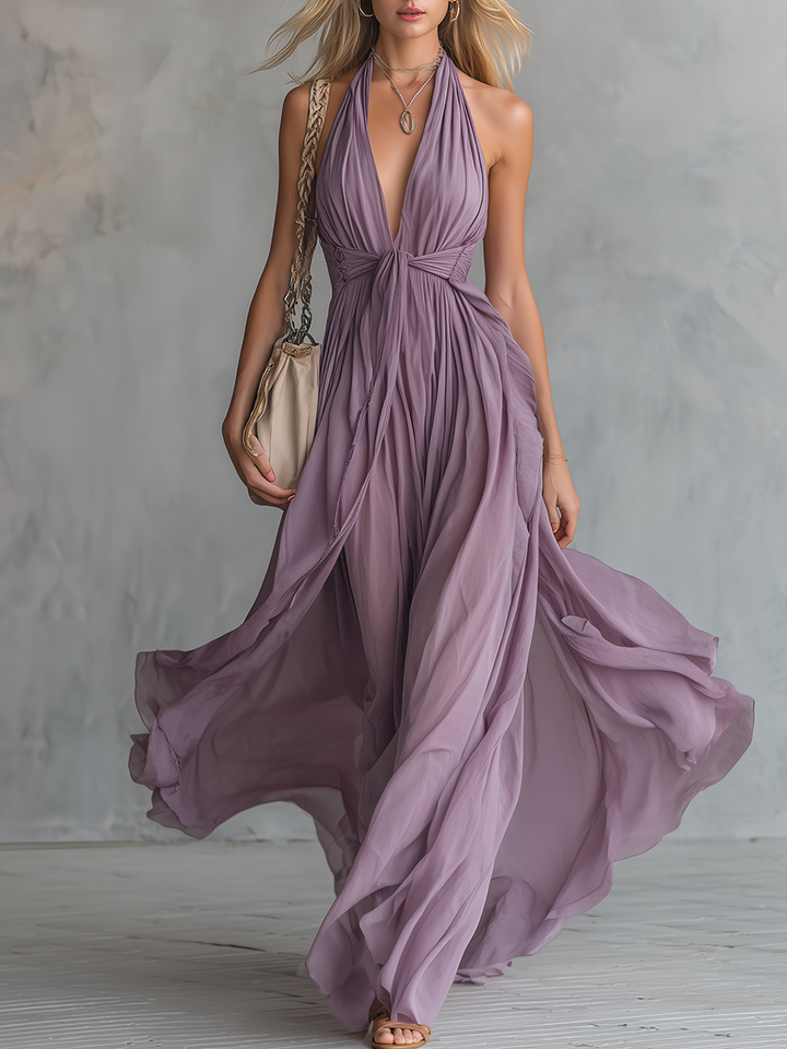 Evelina | Elegant And Stylish Halter Neck V-neck Sleeveless Chiffon Maxi Dress