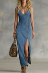 Avery | V-neck Button-up Side-slit Denim Sleeveless Maxi Dress