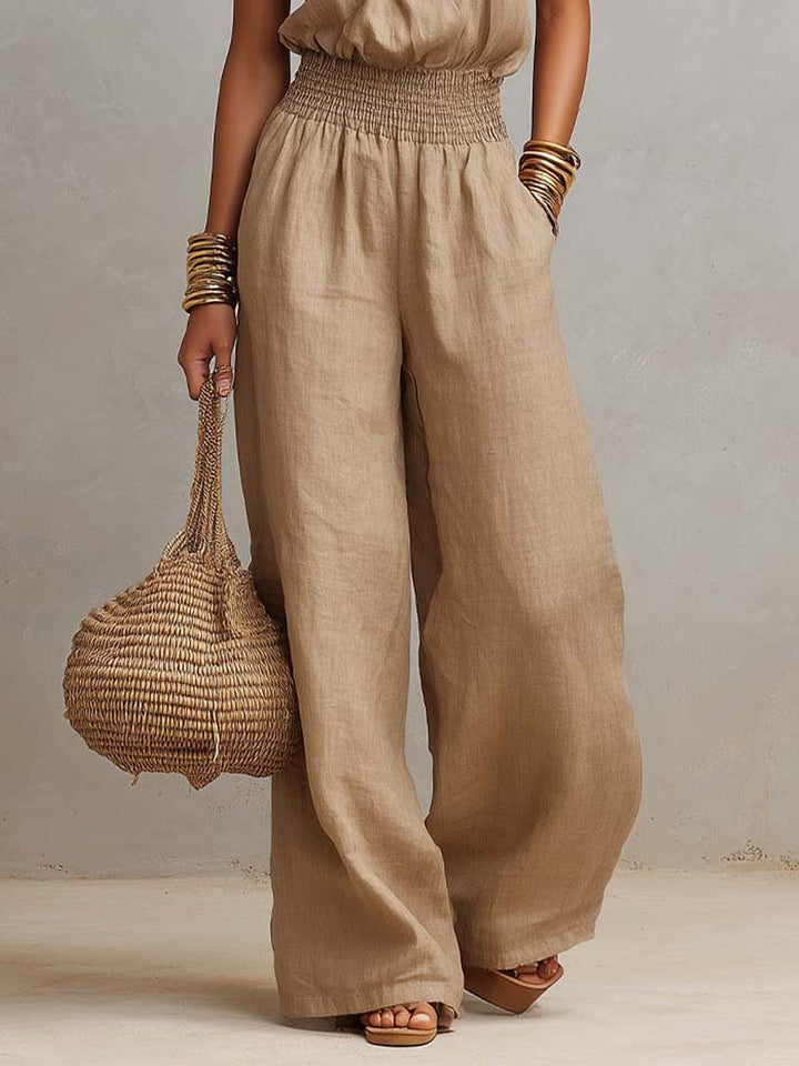 Sage | Tan Cotton Linen Halter Neck Smocked Waist Wide Leg Jumpsuit