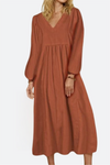 Mirelle | Women's V-Neck Midi Dress with Smocked Waist and Balloon Sleeves