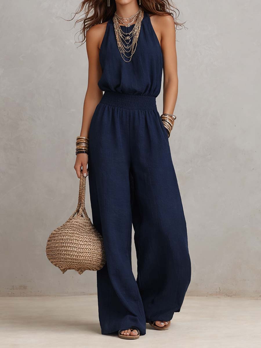 Sage | Tan Cotton Linen Halter Neck Smocked Waist Wide Leg Jumpsuit