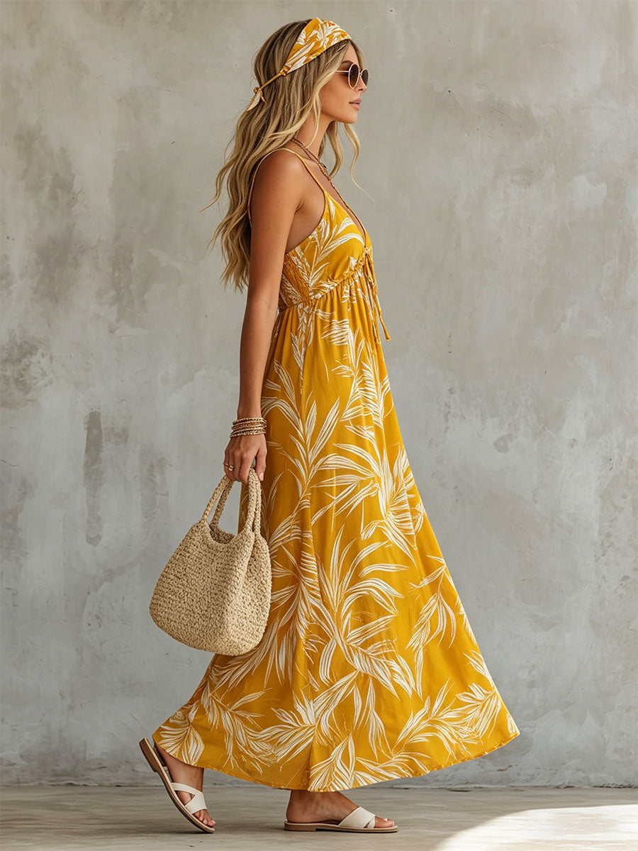 Zinnia | Fashionable Retro Printed Yellow Sleeveless V-neck Chiffon Maxi Dress