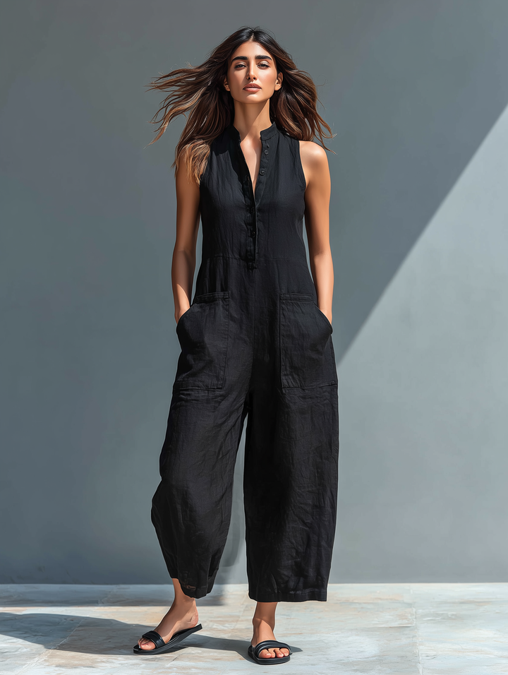 Katherine | Button Up Stand Collar Sleeveless Loose Jumpsuit