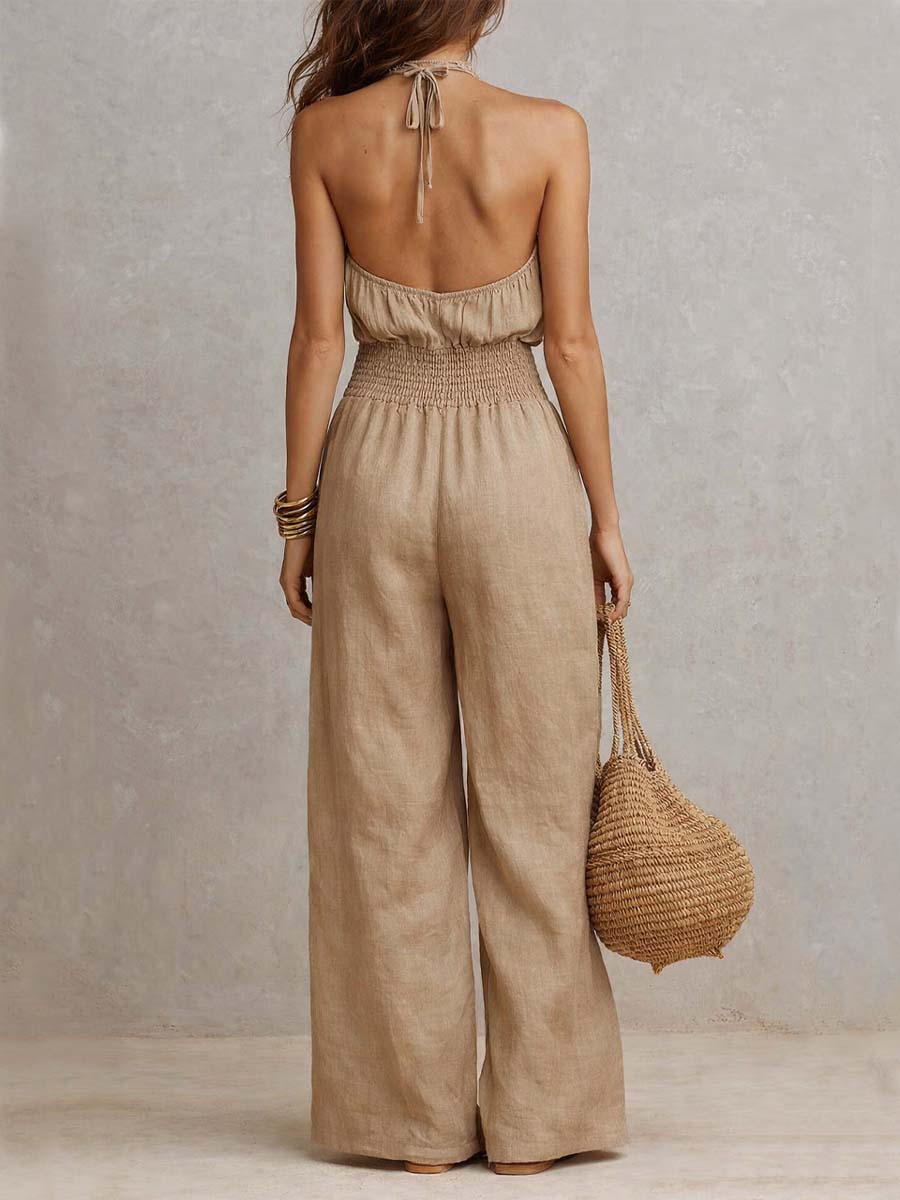 Sage | Tan Cotton Linen Halter Neck Smocked Waist Wide Leg Jumpsuit