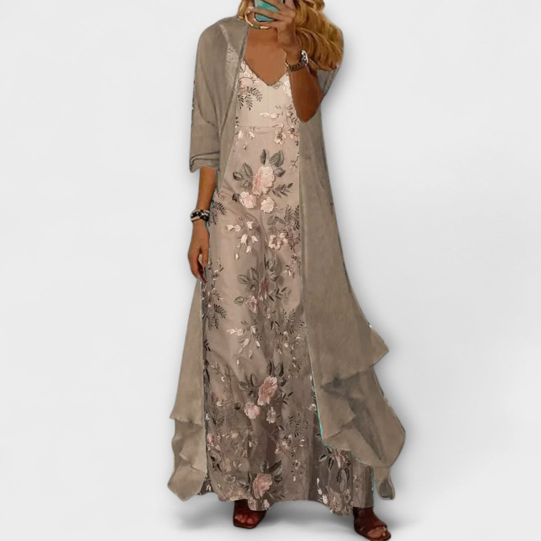 Margot | Floral Maxi Dress with Longline Cardigan and Matching Belt