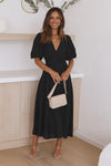 Women's V-Neck Midi Dress with Puff Sleeves and Smocked Waist