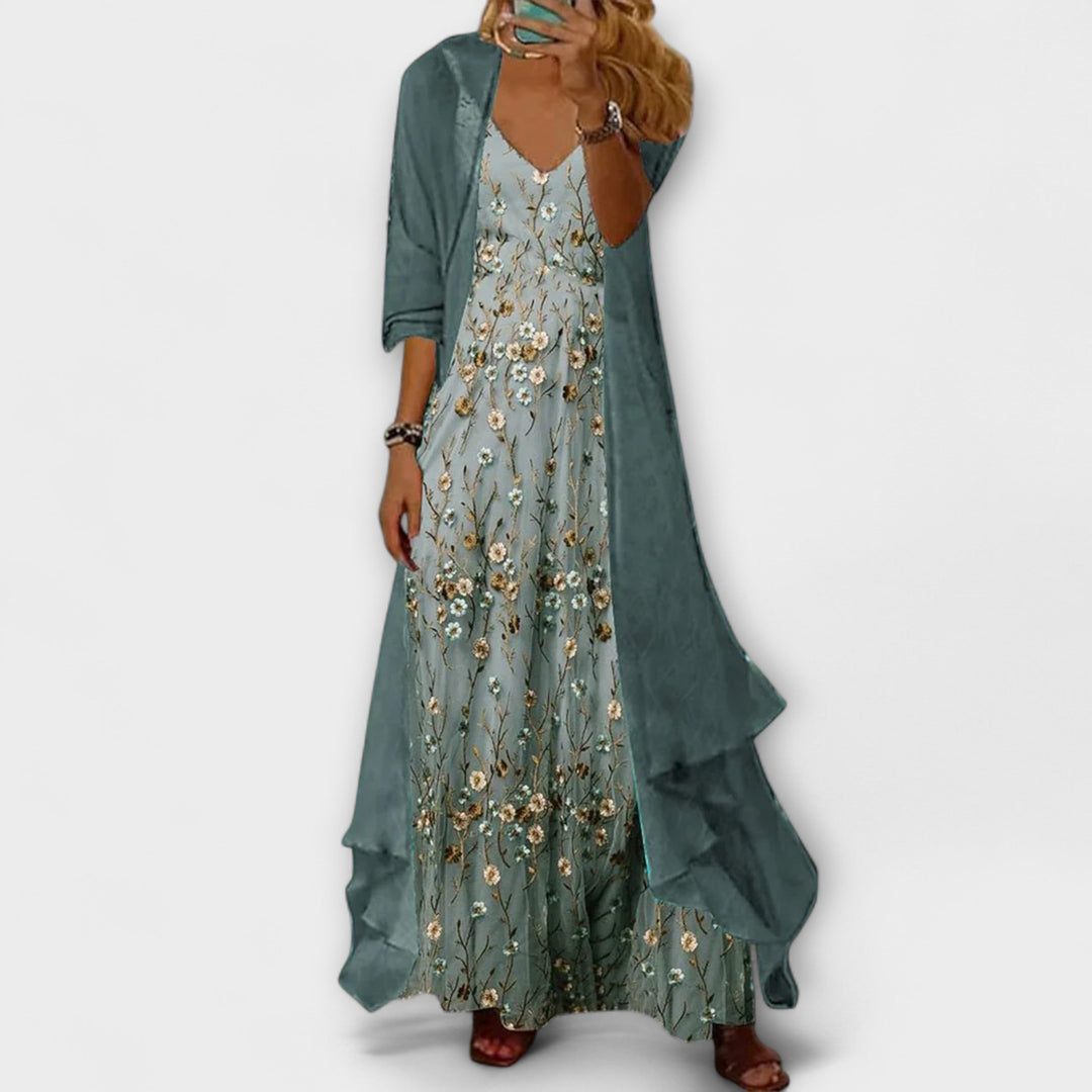 Margot | Floral Maxi Dress with Longline Cardigan and Matching Belt