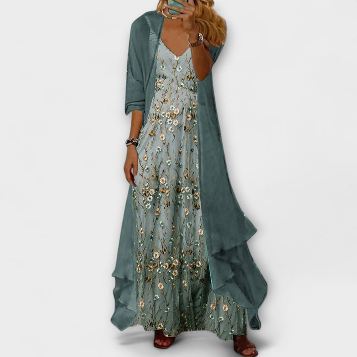 Margot | Floral Maxi Dress with Longline Cardigan and Matching Belt