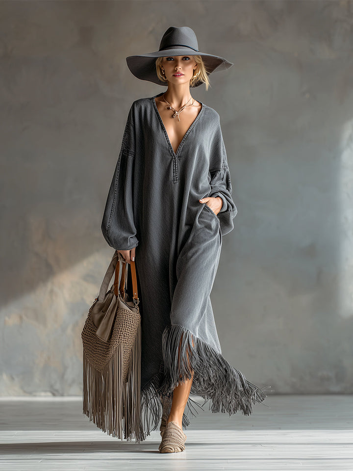 Isadora | Elegant Silhouette Grey Denim Tassel Long Sleeve Maxi Dress