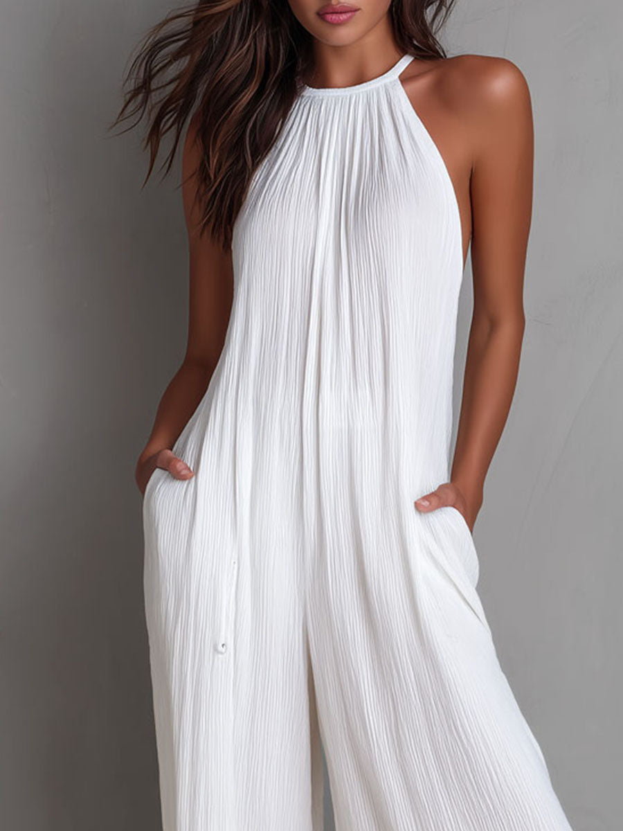 Seraphina | Resort White Pleated Halter Wide-Leg One-Piece Jumpsuit