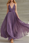 Lilianne | Stylish Vacation Party Retro Purple Chiffon Pleated V-neck Maxi Dress