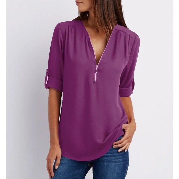 Rosalie | Zip-Up V-Neck Half Sleeve Blouse