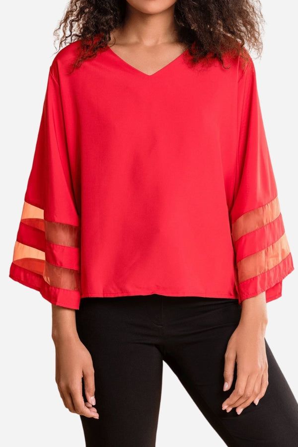 Kinsley | V-Neck Bell Sleeve Blouse with Mesh Panel