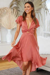 Luna | Women's Satin Midi Dress Deep V-Neck Tie Front Flutter Sleeve