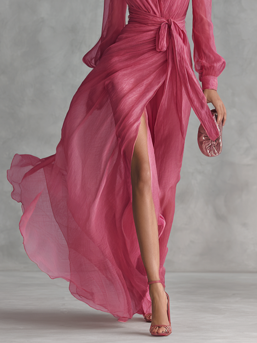 Rhonda | Pearl Chiffon V Neck Tie Waist Long Dress