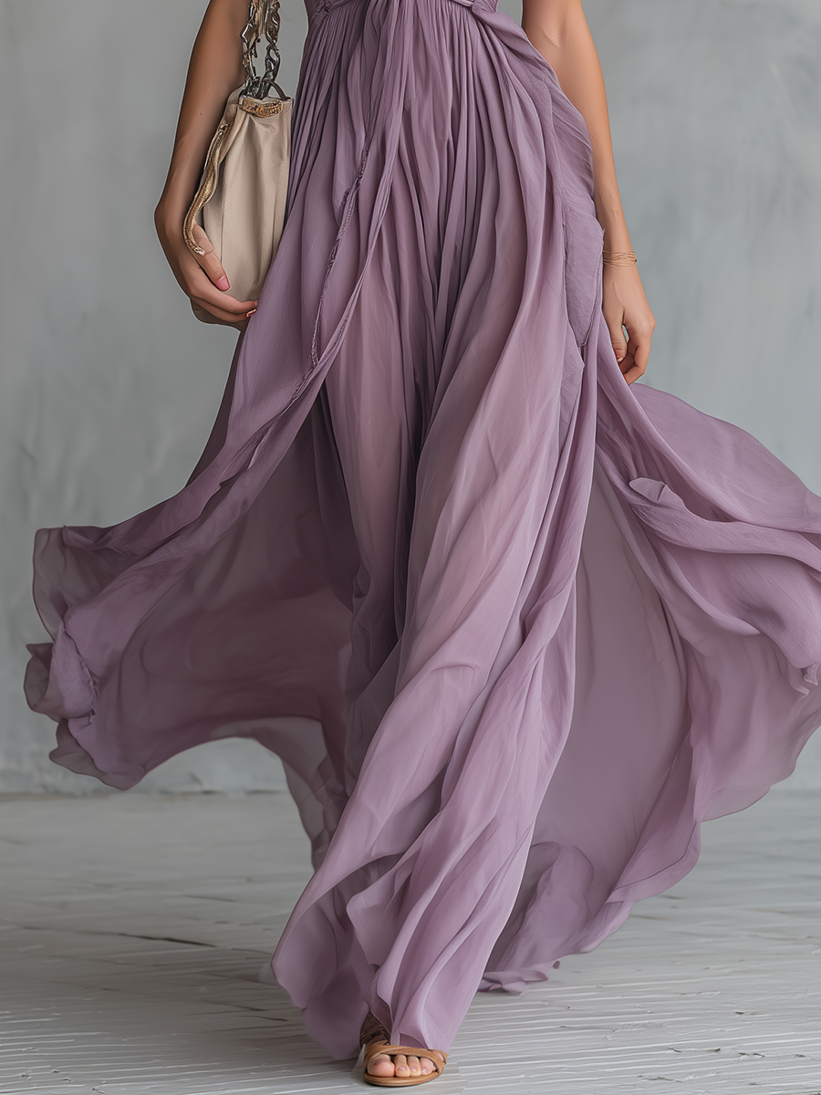 Evelina | Elegant And Stylish Halter Neck V-neck Sleeveless Chiffon Maxi Dress