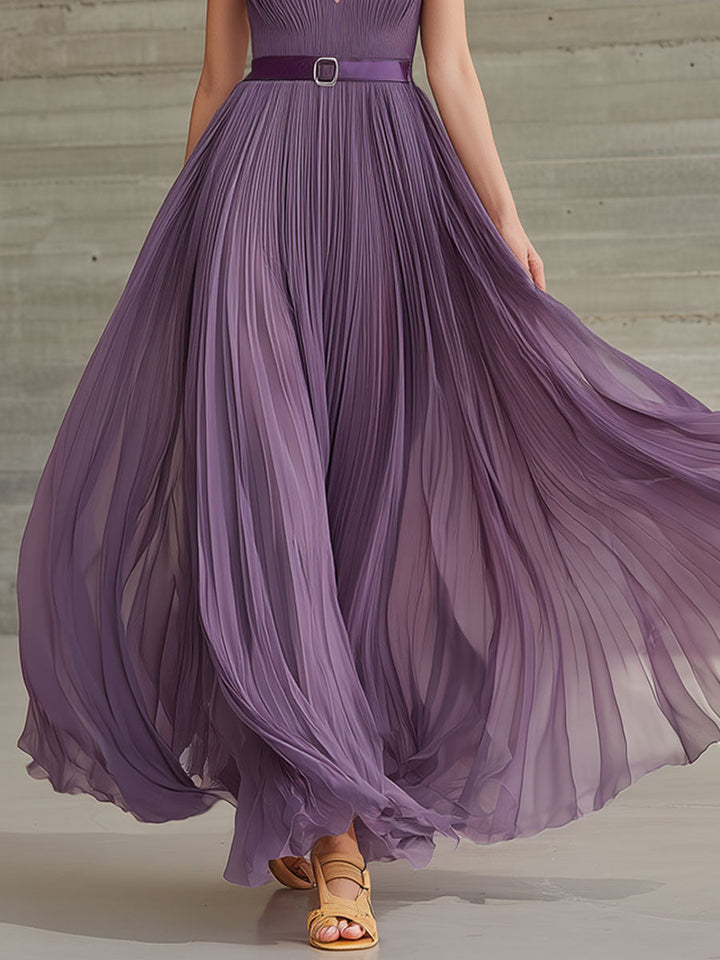 Lilianne | Stylish Vacation Party Retro Purple Chiffon Pleated V-neck Maxi Dress