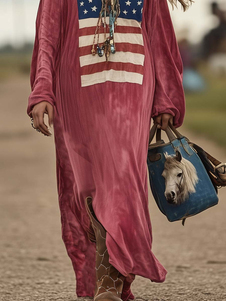 Daisy | Vintage Casual Western Long Sleeve Flag Print Pink Cotton Loose Maxi Dress