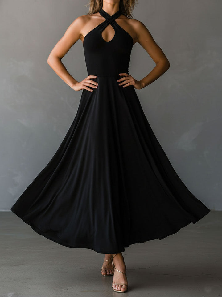 Vera | Vintage Black Halter Cross-Back A-Line Midi Dress