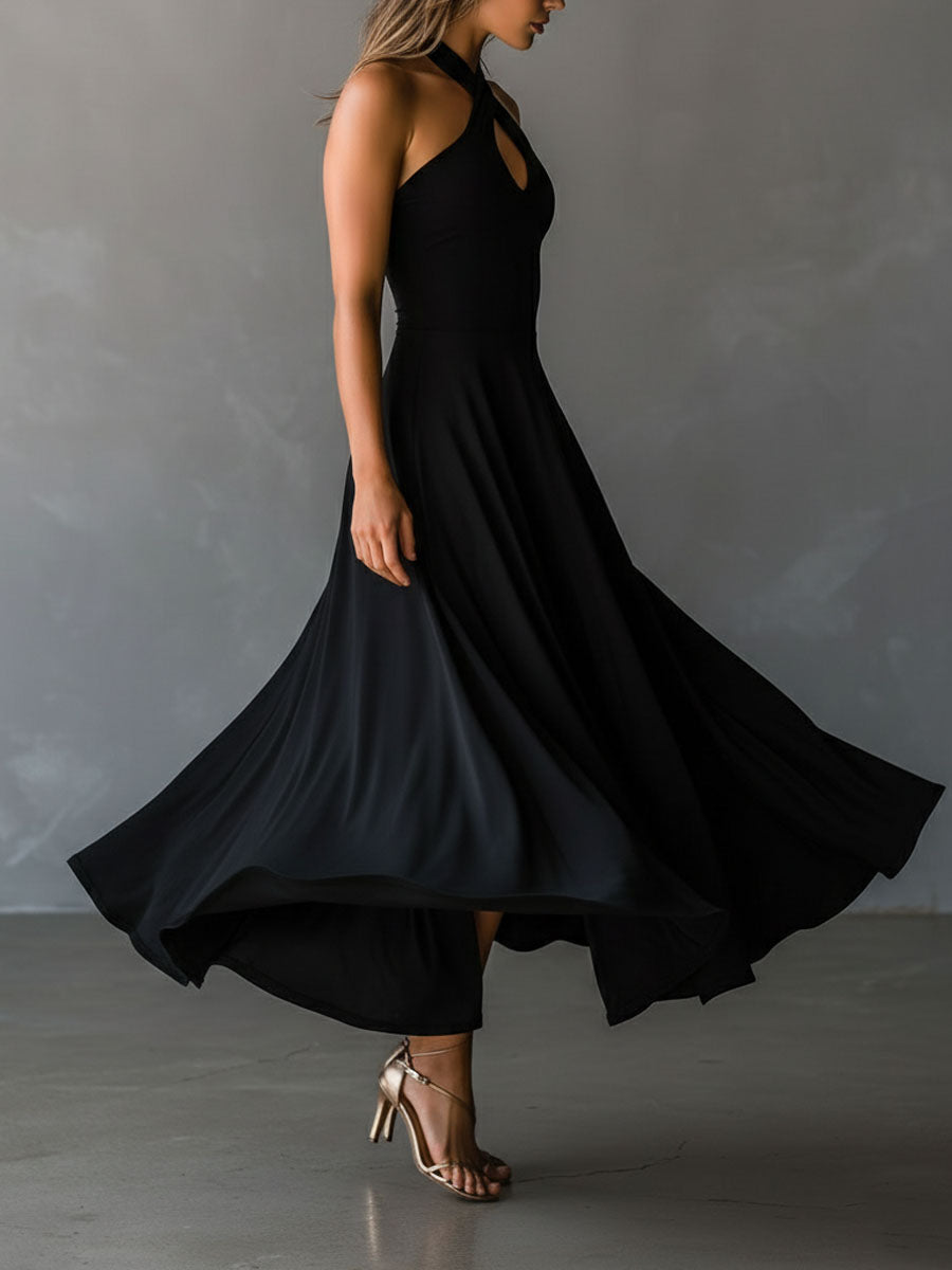 Vera | Vintage Black Halter Cross-Back A-Line Midi Dress