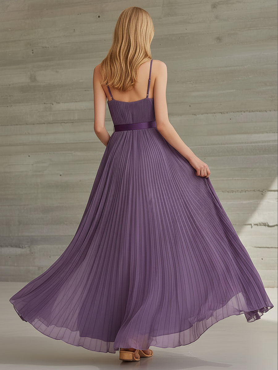 Lilianne | Stylish Vacation Party Retro Purple Chiffon Pleated V-neck Maxi Dress