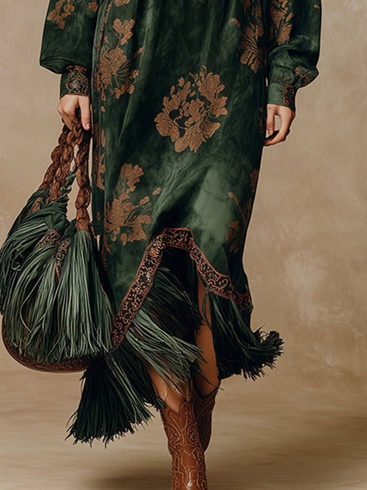 Willow | Retro Silhouette Printed Green Faux Suede Tassel Maxi Dress