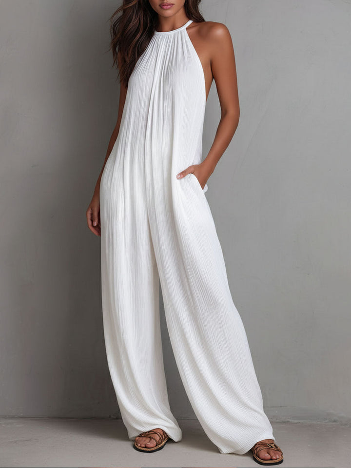 Seraphina | Resort White Pleated Halter Wide-Leg One-Piece Jumpsuit