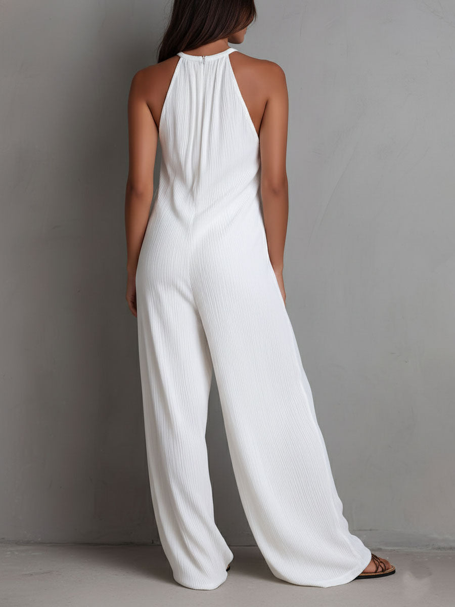 Seraphina | Resort White Pleated Halter Wide-Leg One-Piece Jumpsuit