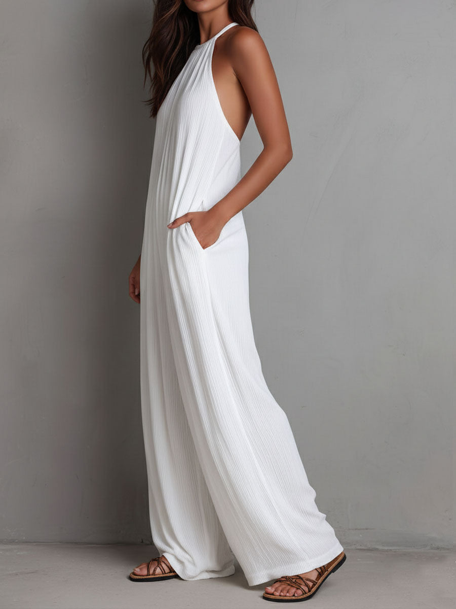 Seraphina | Resort White Pleated Halter Wide-Leg One-Piece Jumpsuit