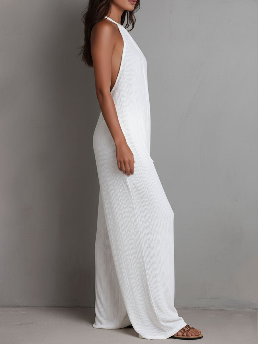 Seraphina | Resort White Pleated Halter Wide-Leg One-Piece Jumpsuit