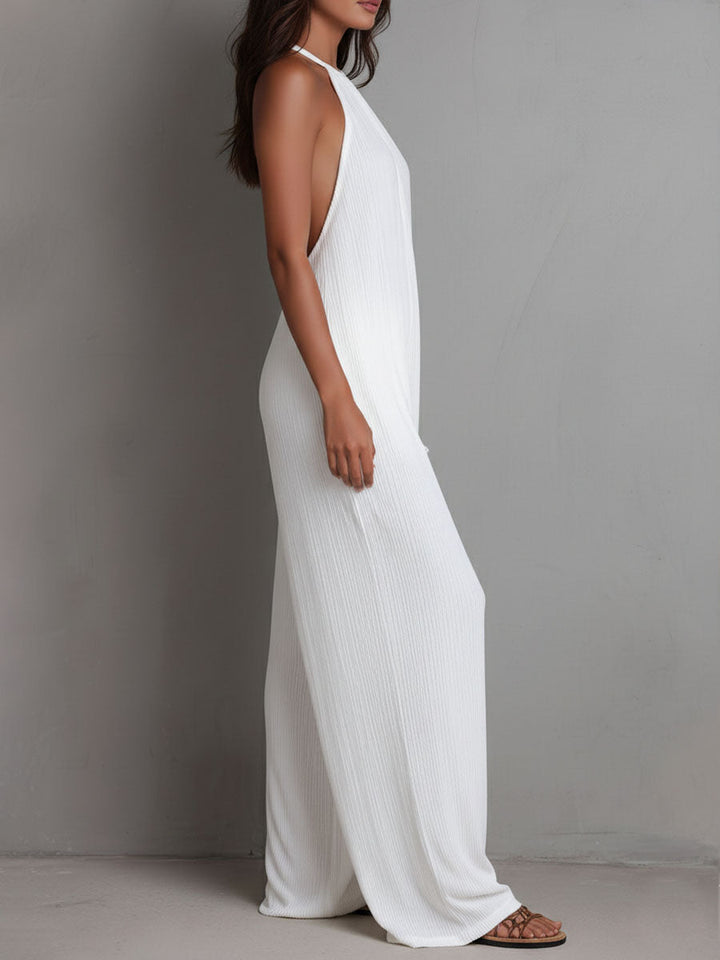 Seraphina | Resort White Pleated Halter Wide-Leg One-Piece Jumpsuit