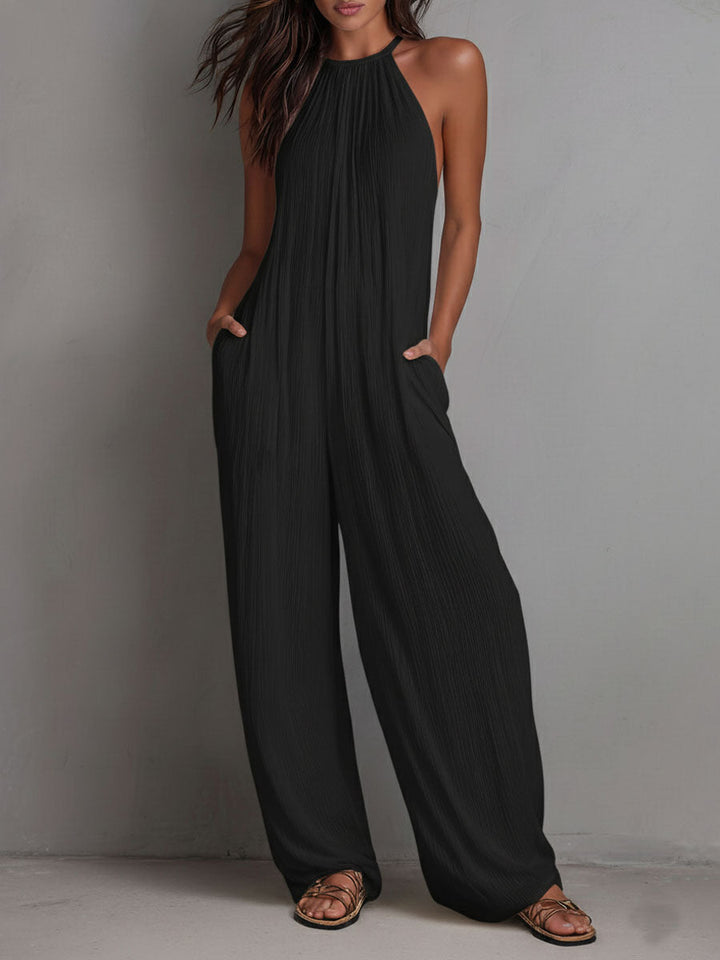 Seraphina | Resort White Pleated Halter Wide-Leg One-Piece Jumpsuit