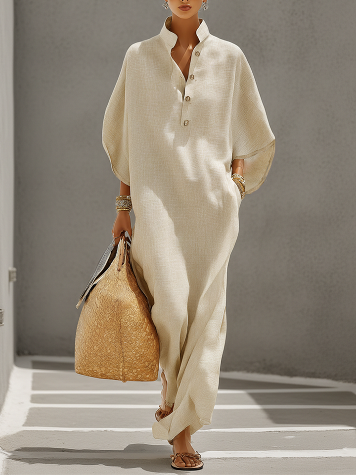 Emily | Linen Dress With Mandarin Collar &amp; Dolman Sleeves, Timeless Resort-Casual Style Dress