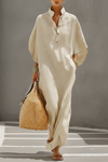 Emily | Linen Dress With Mandarin Collar & Dolman Sleeves, Timeless Resort-Casual Style Dress