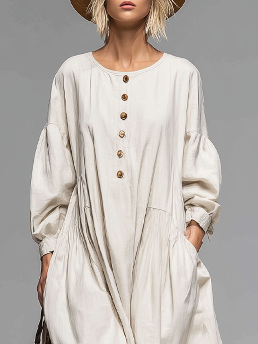 Sadie | Loose Round-neck Button-front Double-pocket Cotton Long-sleeved Midi Dress