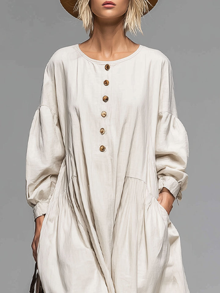 Sadie | Loose Round-neck Button-front Double-pocket Cotton Long-sleeved Midi Dress
