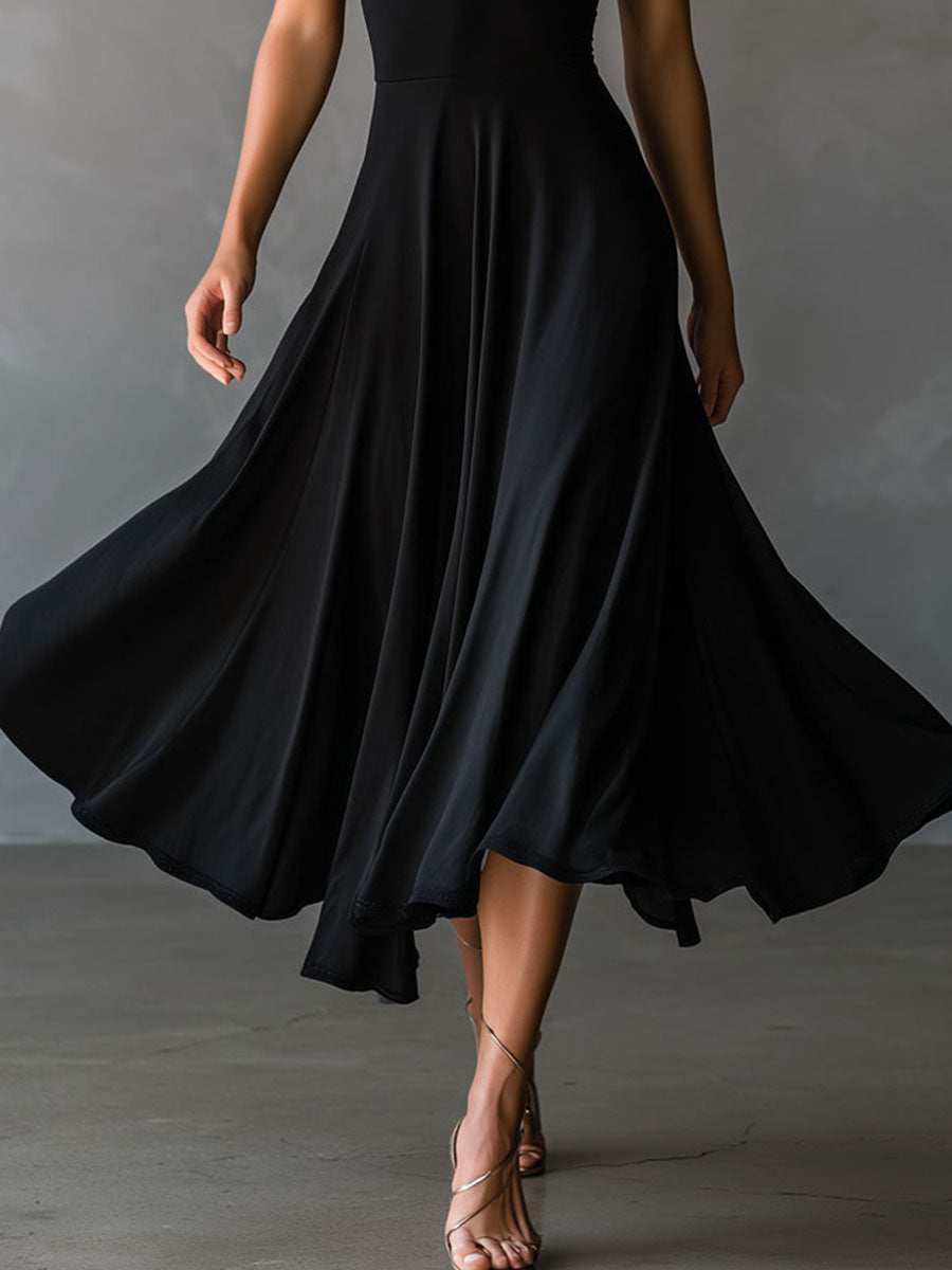 Vera | Vintage Black Halter Cross-Back A-Line Midi Dress